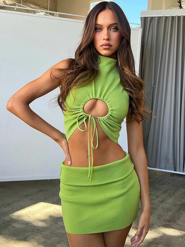 

Work Dresses Sunny 2022 Y2K Shirring Solid Sexy 2 Piece Set Women Hollow Sleeveless Crop Vest Hip Skirt Stretch Skinny Matching Streetwear, Black