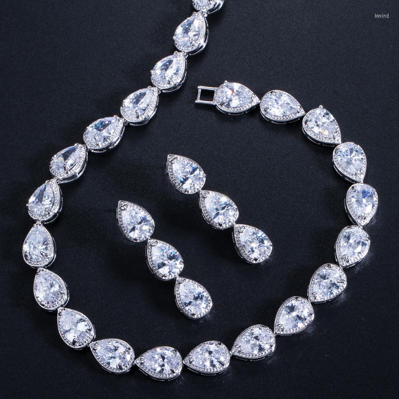 

Wedding Jewelry Sets CWWZircons Stunning Pear Cut CZ Zirconia Stone Women Fashion Party Earrings Necklace T019