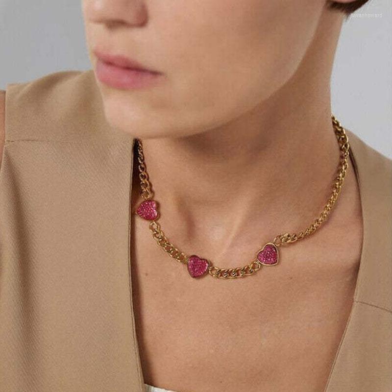 

Chains Hip Hop Pink Heart Resin Necklace Gold Color Stainless Steel Chain For Women Female Sweet Cool Chocker Collarbone 2022