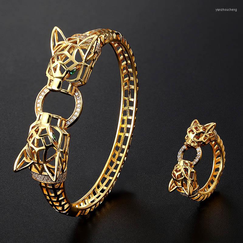 

Necklace Earrings Set Zlxgirl Hollow-carved Design Leopard Bangle Ring Sets With Cubic Zircon Tension Mount Gold Bracelets Bangles For Women, Picture shown