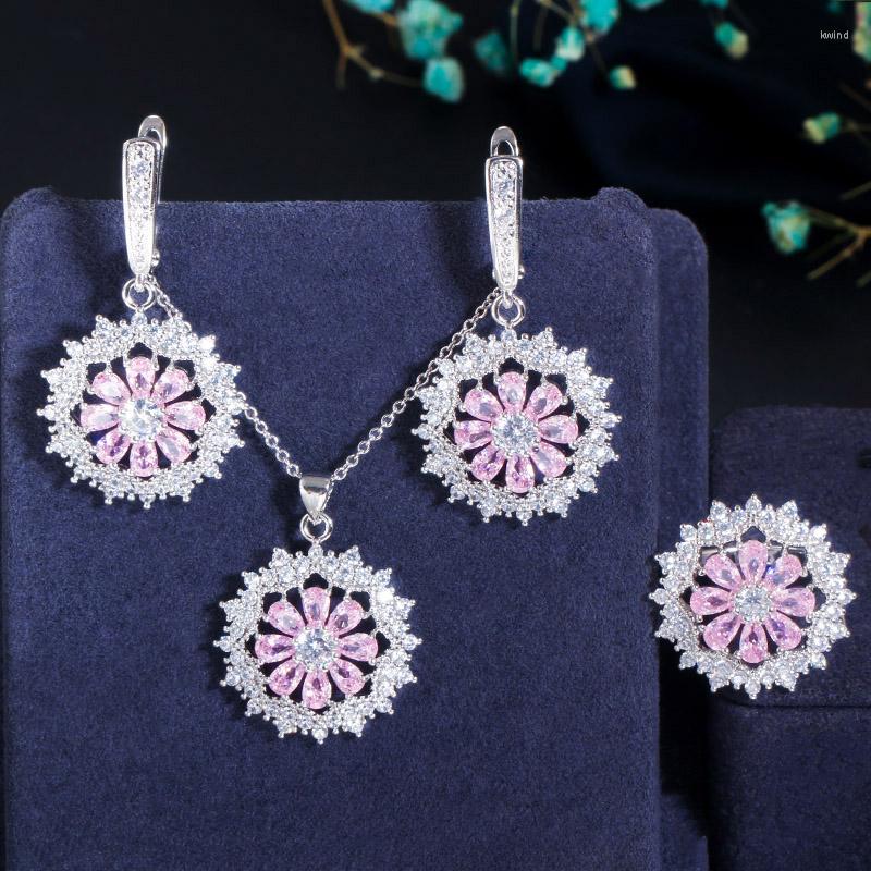 

Necklace Earrings Set CWWZircons Chic Beautiful Pink Cubic Zirconia Stone Hoop Earring Pendant Ring Sets Women Party Jewelry Acceossries, Picture shown