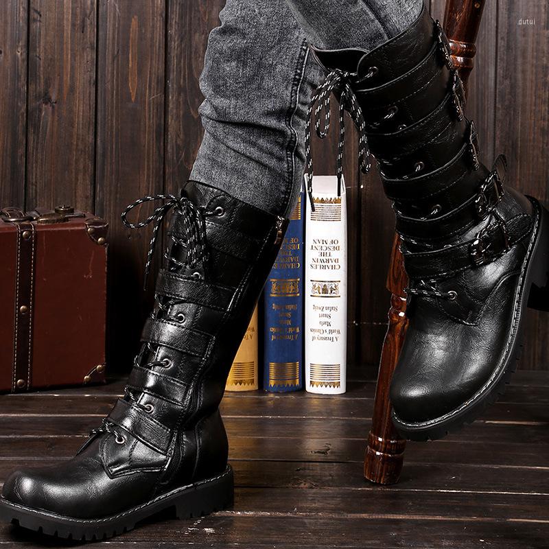 

Boots Large SizeMen's Leather Motorcycle Mid-calf Military Combat Gothic Belt Punk Men Shoes Tactical Army Boot 2023, Black