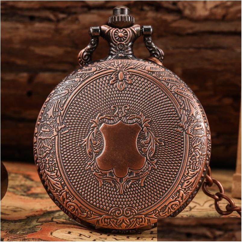 

Pocket Watches Steampunk Red Copper Shield Design Watches Quartz Analog Display Pocket Watch For Men Women With Fob Pendant Chain Dr Dhaid, Bronze