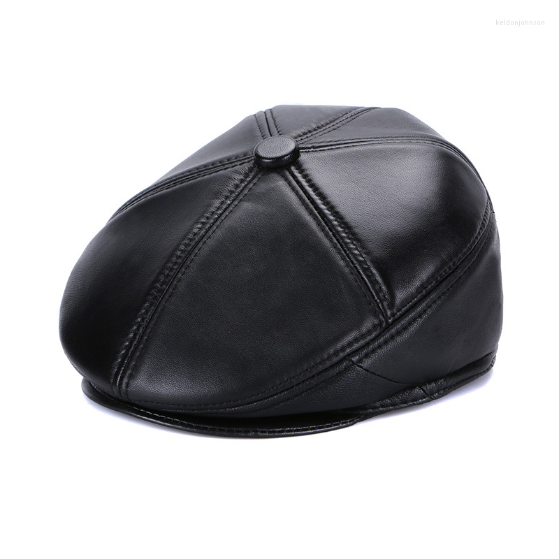 

Berets Autumn And Winter Leather Sheepskin Men's Beret Ear Protection Forward Hat, Black