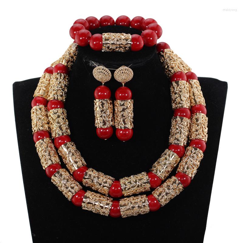 

Necklace Earrings Set Luxury Dubai Gold Bold Statement Jewelry Red African Beads Wedding Nigerian Costume Jewellery WE182, Picture shown