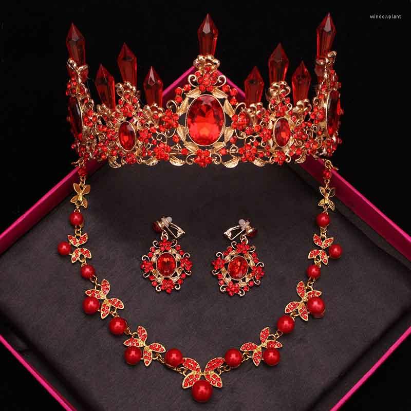 

Necklace Earrings Set Red Crystal Pearls Bride Wedding Tiaras 3Pcs Women Party Prom Pearl Hair Jewelry Ornament, Picture shown