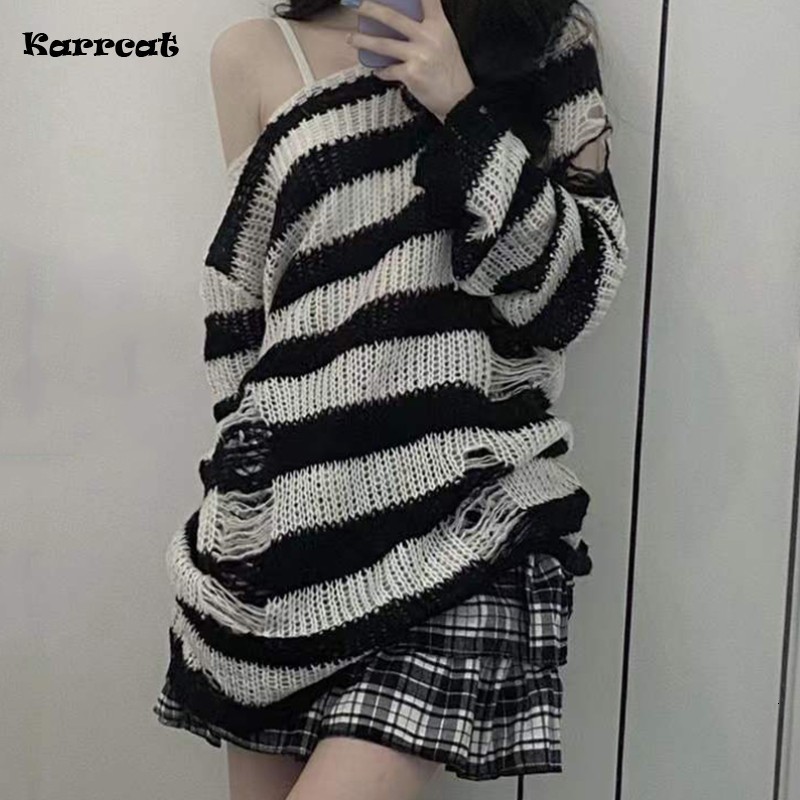 

Women's Sweaters Karrcat Punk Gothic Long Sweater Women Dark Aesthetic Striped Pullovers Hollow Out Oversized Grunge Jumpers Emo Alt Clothes Y2k 221201, Red short