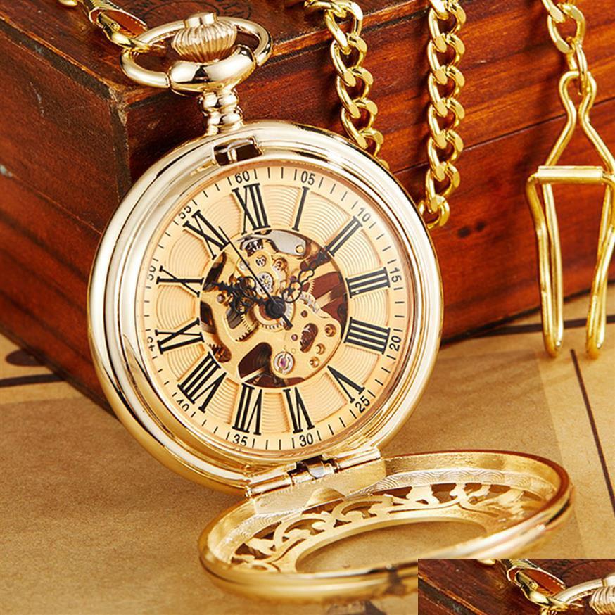 

Pocket Watches Antique Gold Mechanical Pocket Watch With Chain Steampunk Skeleton Hollow Handwinding Pendant Clock Men Women Bronze Dhyl1, Rose gold