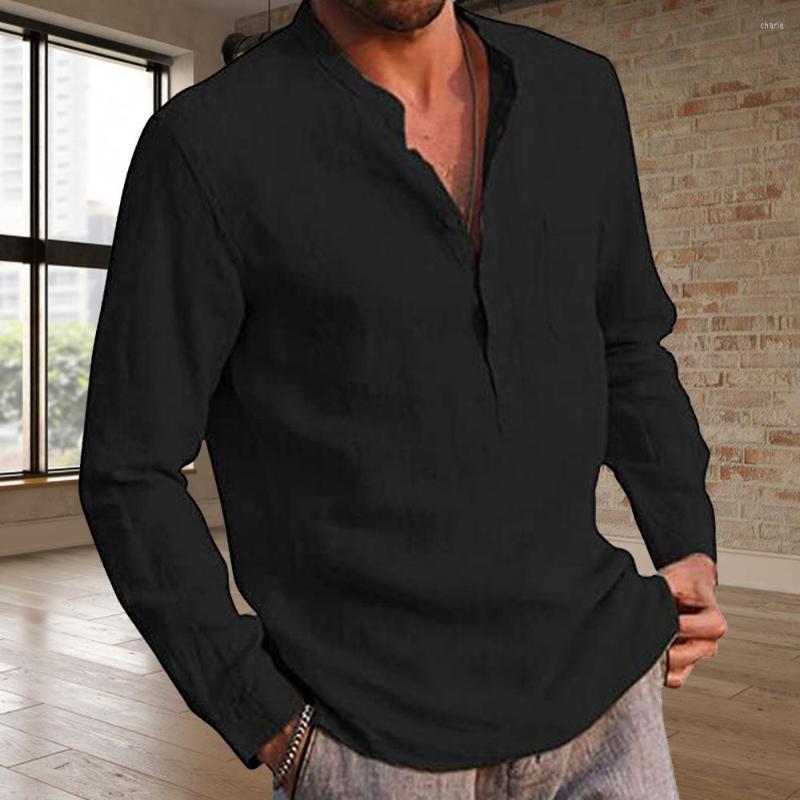 

Men's T Shirts Men Solid Color V Neck Long Sleeve Button Pocket T-shirt Top High Quality Cotton Linen Shirt Full Tshirt, Grey