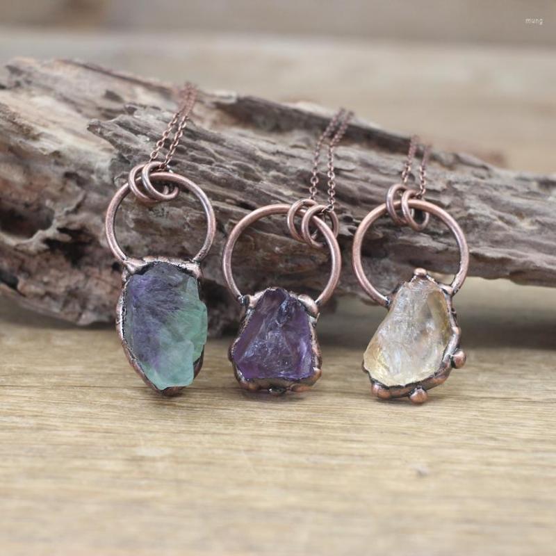 

Pendant Necklaces Raw Black Tourmaline Citrines Antique Copper Hoop Pendants Necklace Healing Energy Ore Amethysts Meditation Retro Jewelry