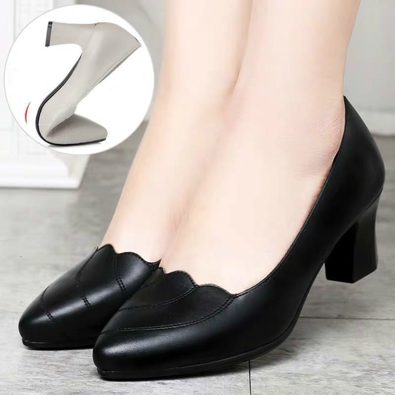 

Dress Shoes Work Mother Soft Sole Comfortable Mid heel Single Women Thick Heel Middle aged Non slip Leather 221130, Black
