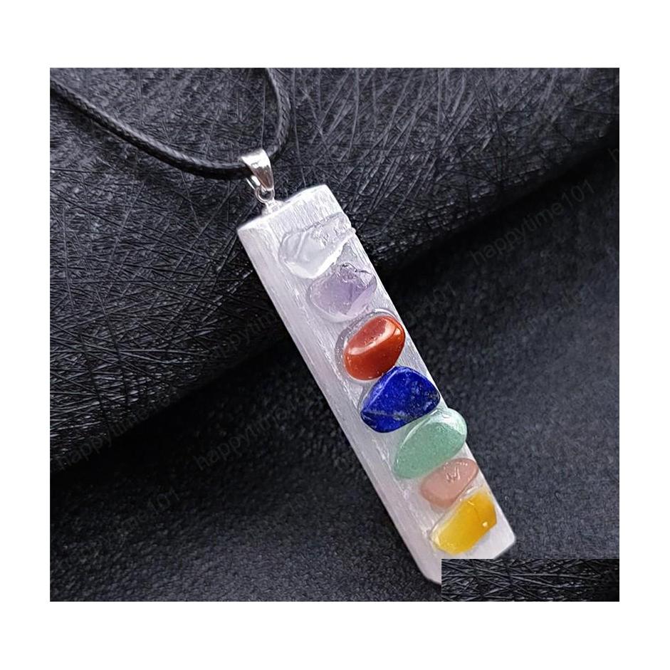 

Pendant Necklaces Irregar Square Shape Pendant 7 Chakra Pendum Necklace Gypsum Stick Inlay Healing Gemstone Reiki Crystal Nce Energy Dhslk
