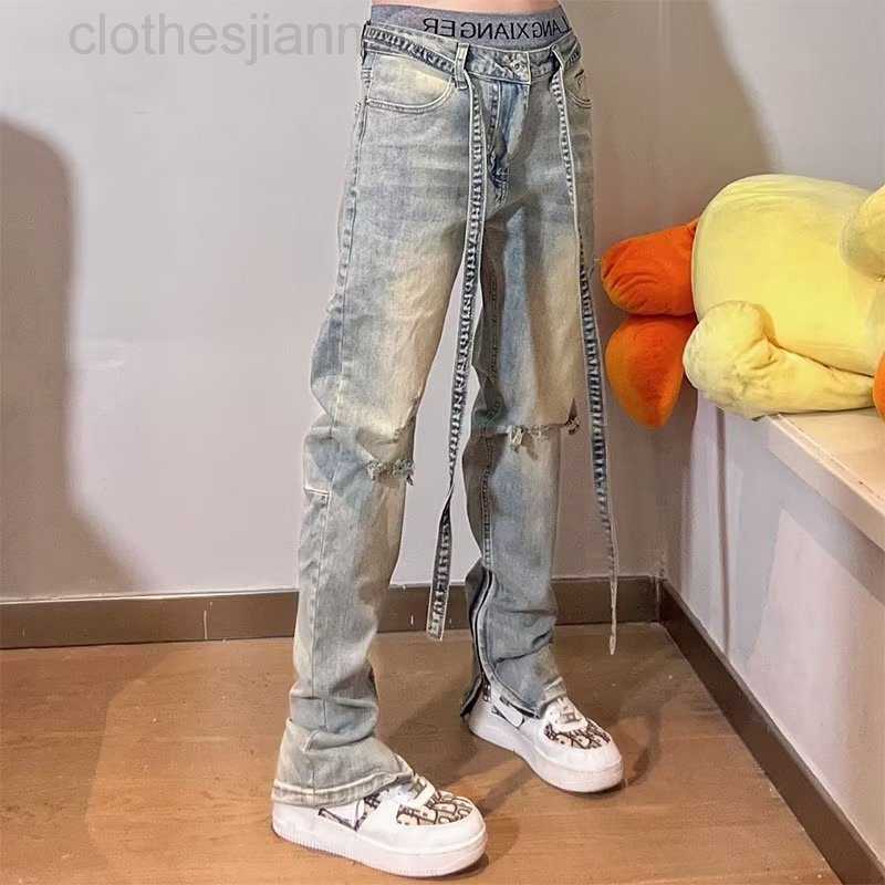 

Trendy Men's Factory Wholesale and Retail American Fog Leg Zipper Slim Trousers High Street Vibe Knee Hole Ribbon Jeans Male, Blue