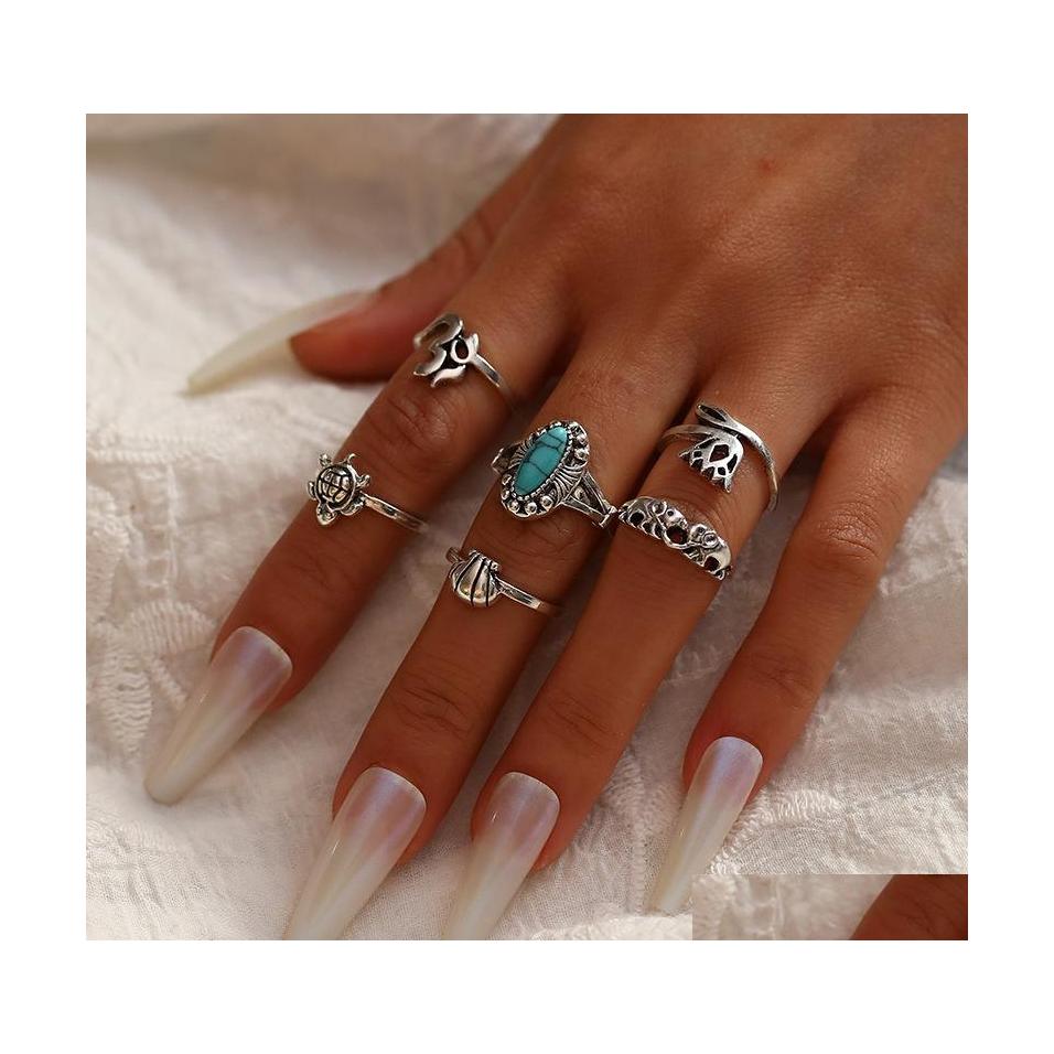 

Band Rings Fashion Jewelry Knuckle Ring Set Geometric Animal Turtle Elephant Crown Turquoise Stacking Rings 6Pcs/Set Drop Delivery Dh2Vo