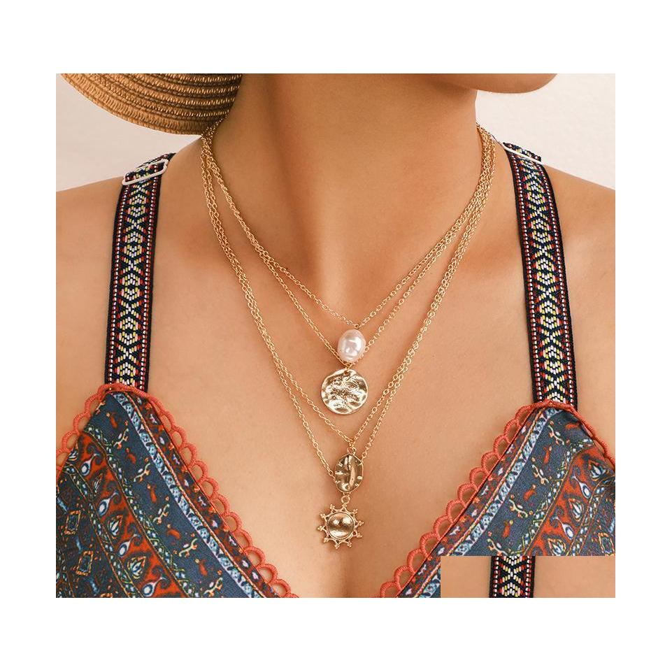 

Pendant Necklaces Bohemian Gold Color Pearl Sun Round Pendant Necklace For Women Girl Geometric Charms Mtilayer Collares Drop Delive Dhbdl