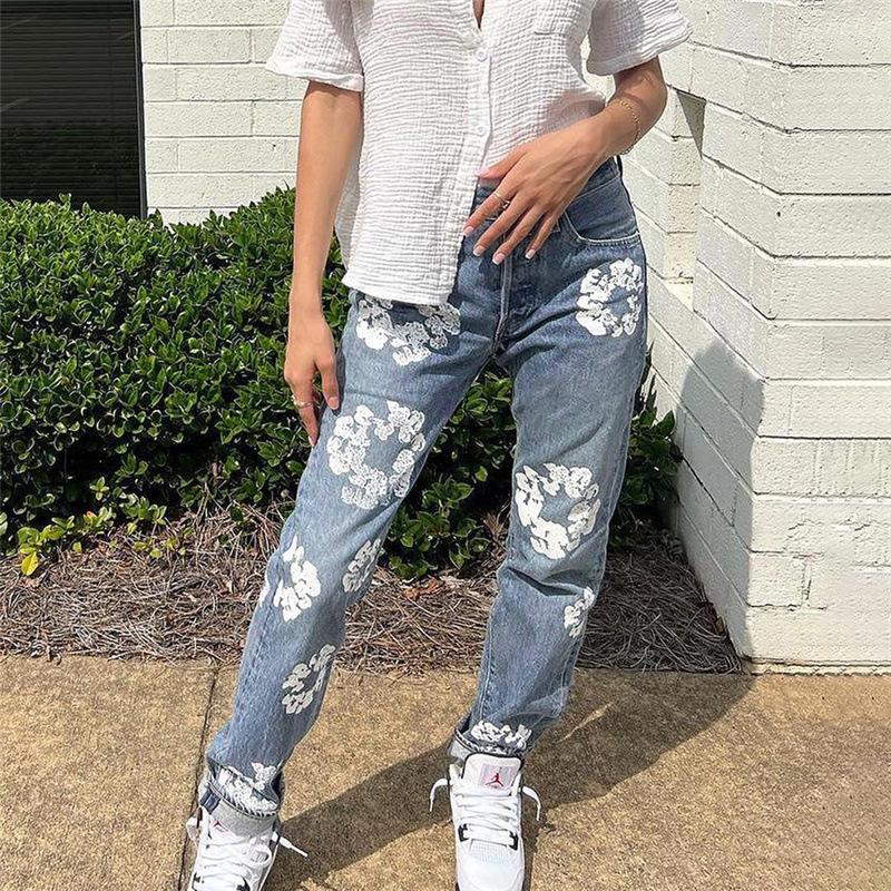 

Women' Jeans Autumn Fall Clothes High Waisted Pants Women Flowers Print Straight Slim Pantalones De Mujer Pencil Trousers, Blue