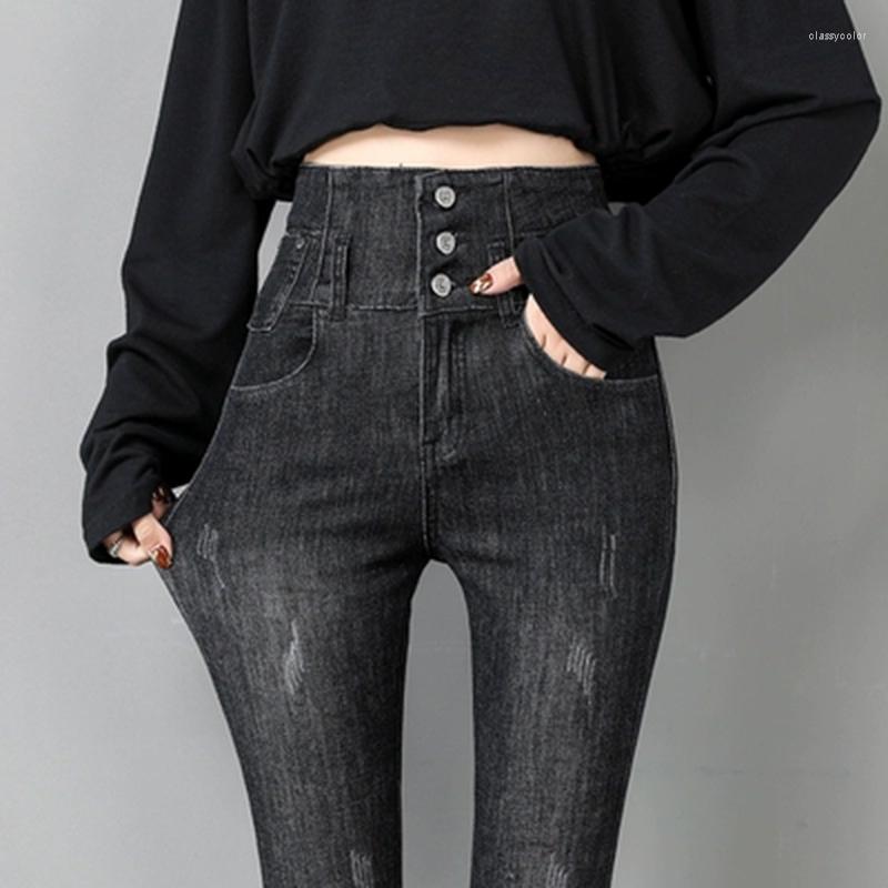 

Women's Jeans Spring Scratched Skinny Woman High Waist Single Breasted Pencil Pants Mujer Stretch Slim Trousers Femme Black Gray Denim, X-black gray
