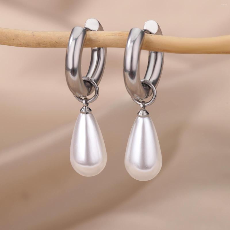 

Dangle Earrings Imitation Pearls Water Drop Earring For Women Stainlsee Steel Silver Color Wedding Fashion Jewelry Gift