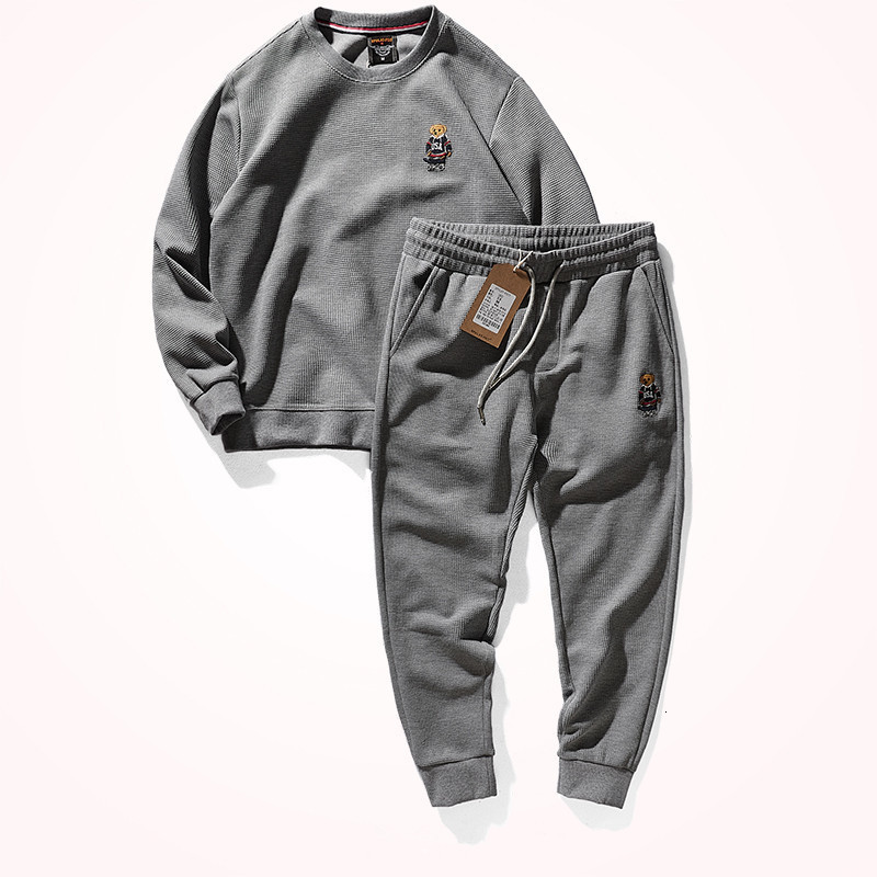 

Men's Tracksuits Autumn and Winter Heavyweight Casual Hoodies Sweaterpants Two-piece Suit Retro Waffle Long Sleeve Round Neck Sportwear 221202, Black