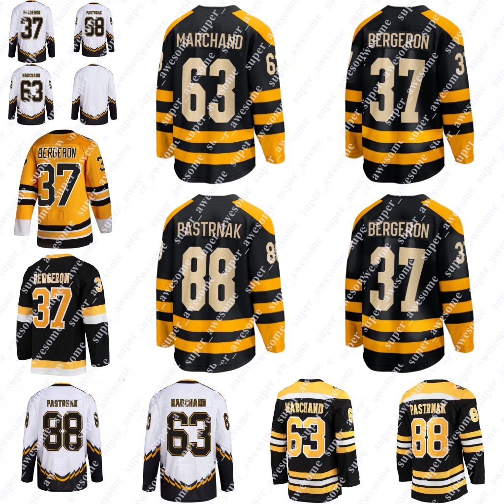 

2023 Winter Classic 37 Patrice Bergeron Jersey 88 David Pastrnak 63 Brad Marchand 71 Taylor Hall 73 Charlie McAvoy Hockey Jerseys Black White Yellow Reverse Retro