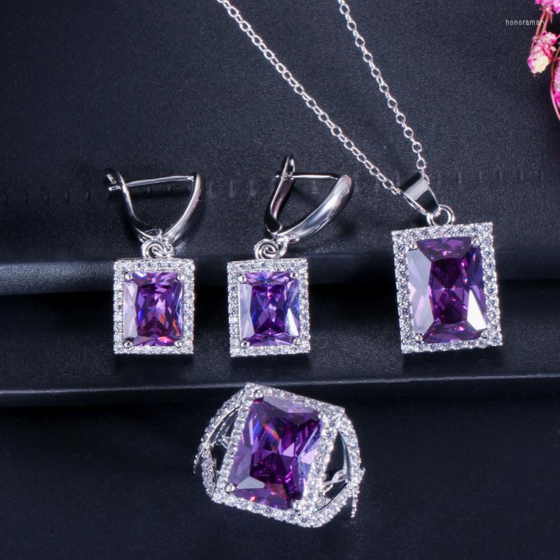 

Necklace Earrings Set Noble Princess Cut Square Cubic Zirconia Stone Big Ring Pendant And Earring For Ladies, Picture shown