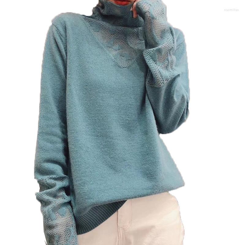 

Women' Sweaters 2022 Spring Autumn Women Tops High-Neck Knitted Sweater Slim Fit Knitwear Hollow Bottoming Shirt Pullover Female, Blue