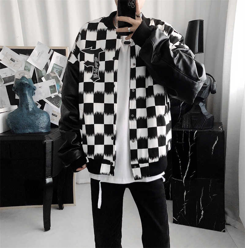 

Men' Jackets Resuprep Patchwork Embroidery Checker Board Jacket Leather Sleeve High Street Retro Men' And Women' Bomber Jacket T221202, Black