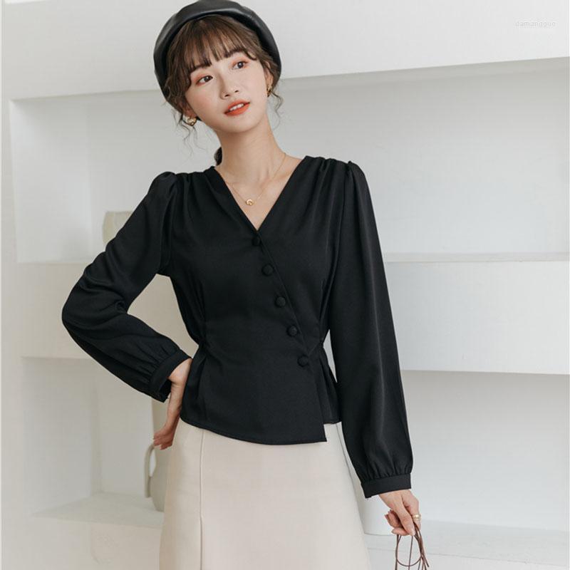 

Women' Blouses Women' & Shirts Black White Irregular Women Bloues All-Match Fashion Office Lady Bandage Waist Slim Chiffon Shirt