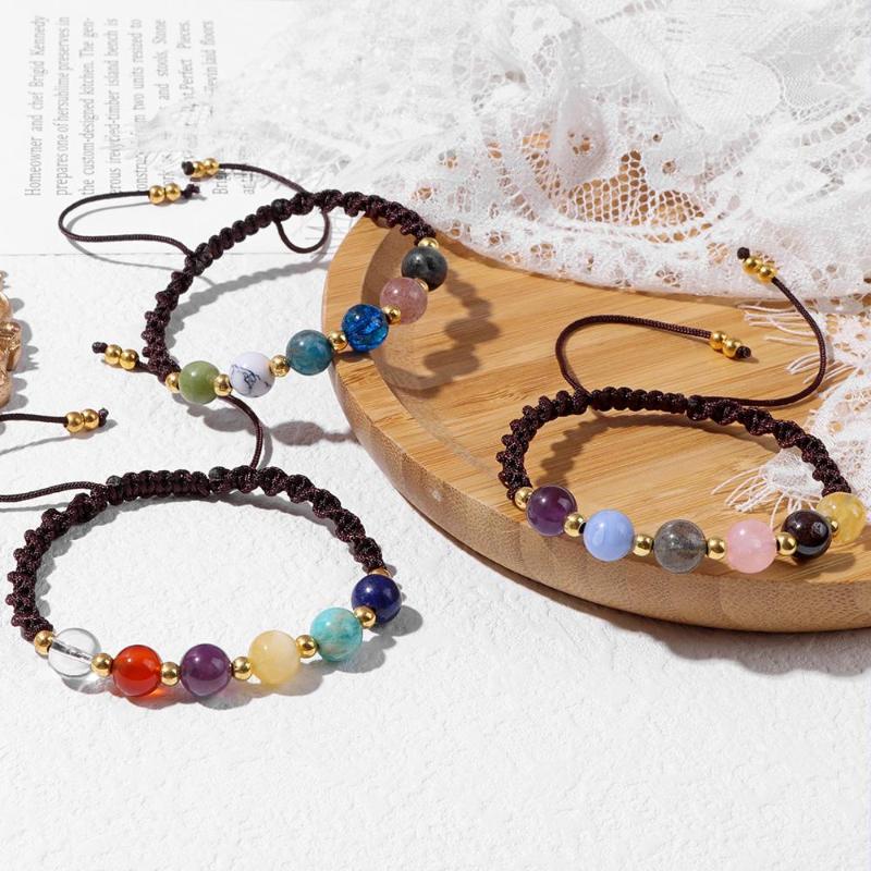

Strand Colorful Natural Stone Braid Bracelet Handmade Round Beaded Rainbow Fashion Reiki For Men Women Jewelry Gift