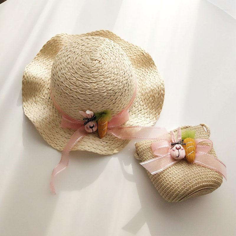 

Hats Kids Large Wide Brim Straw Woven Sun Protection Beach Hat Cute Summer Floppy Bucket Cap Portable Handbag Girls, White