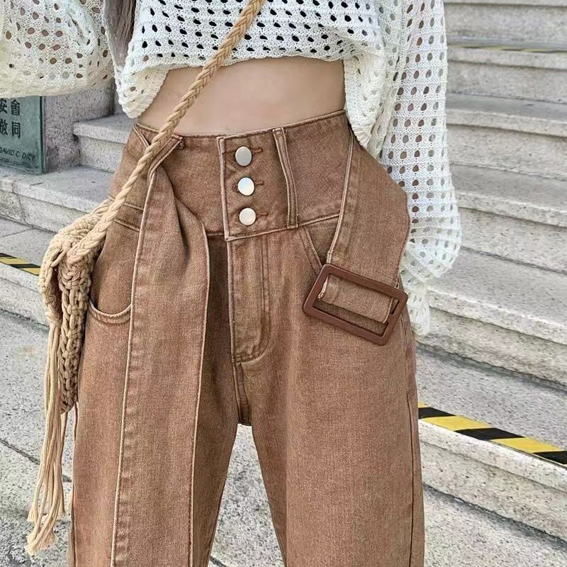 

Women' Pants Capris Biyaby Autumn High Waist Women Jeans Vintage Brown with Belt Flared Female Fashion Street Loose Denim Trousers 221201, Black