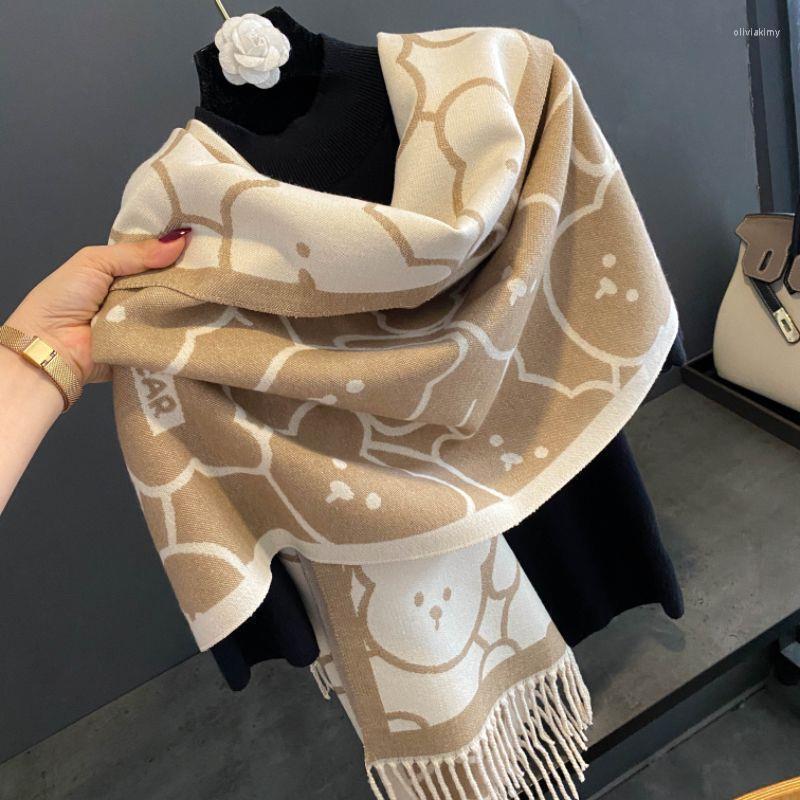 

Scarves 30/5000 European And American Ladies Cute Bear Students Imitation Cashmere Scarf Senior Sense Tassel Shawl Warm Thick Neck