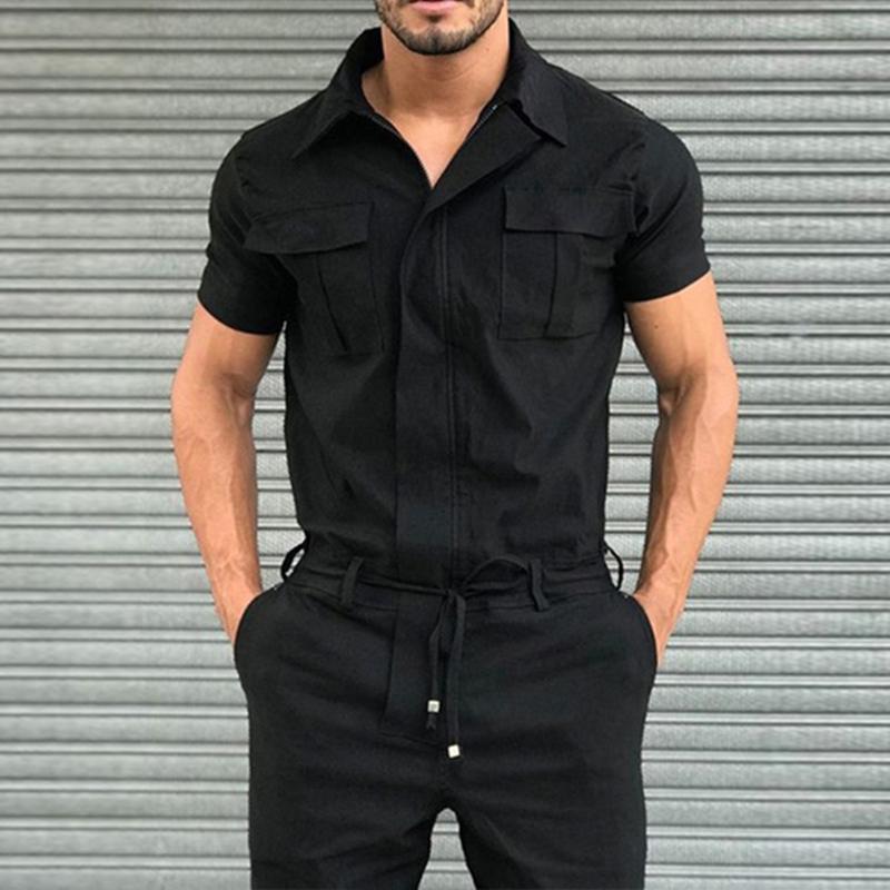 

Men' Tracksuits Cotton Blends Jumpsuit Mens Overalls Casual Notched Short Sleeve Rompers Solid Color Overall Zipper Romper Pocket Trousers, Black