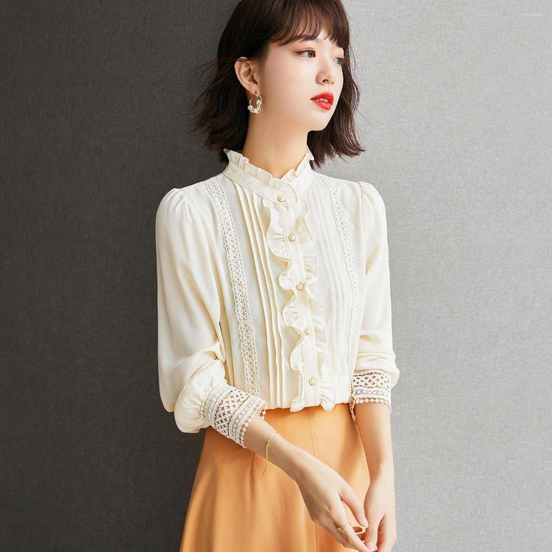 

Women' Blouses 2022 Autumn Model Elegant Temperament Professional Shirt Slim Fit Wood Ear Chiffon Top Design Niche Blouse, Beige