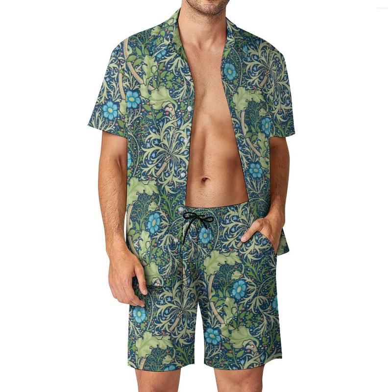 

Men's Tracksuits Blue Floral Print Men Sets Green Leaves Casual Shirt Set Vintage Outdoor Shorts Summer Suit Two-piece Large Size, Style-18