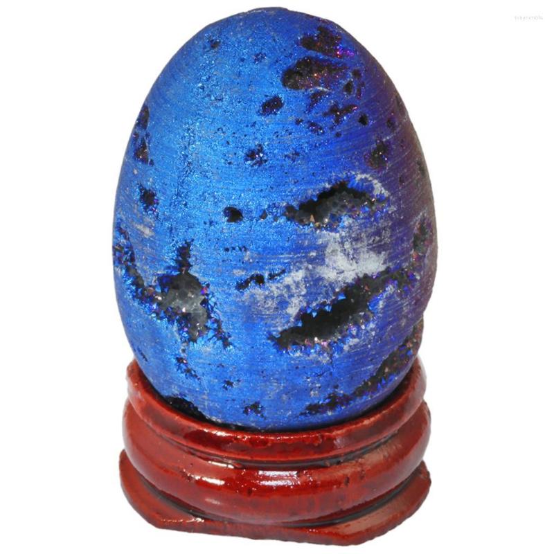 

Jewelry Pouches Titanium Coated Quartz Crystal Egg Figurines With Wood Stand Healing Druzy Agate Geode Specimen For Desktop Decor Home