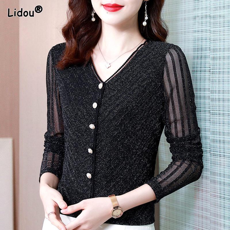 

Women's Blouses Office Lady V-neck Solid Color Long Sleeved Slim Fashion Thin Lace Black Spring Autumn Elegant Shirt Women's Clothing