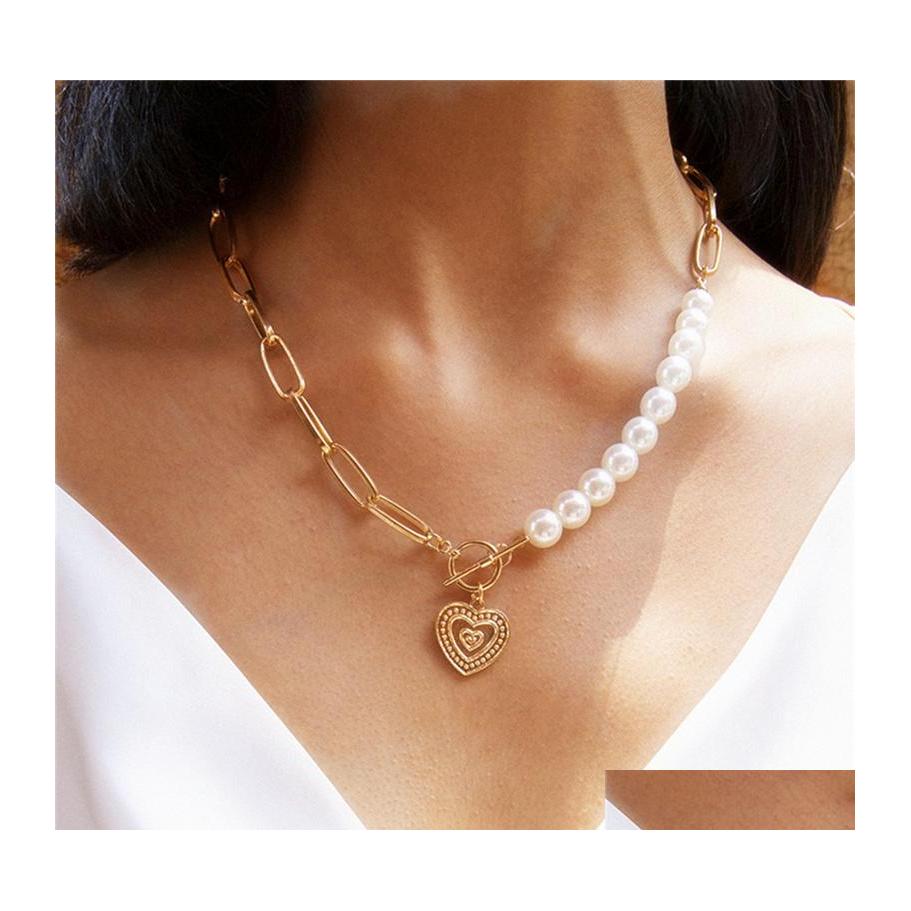 

Pendant Necklaces Fashion Gold Color Heart Pendant Necklace For Women Imitation Pearl Choker Punk Chunky Thick Chain Jewelry Drop De Dhsn5