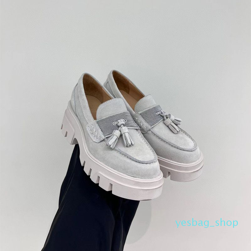 Brunello Designer Slip On Pumps Shoes Round Toe Brand 09 Buckle Spring And Fall Wedge Mules Fashion Outdoor Dress Single Shoe Tassel Design Loafe