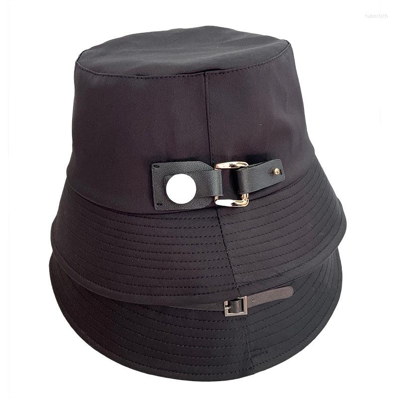 

Berets Spring And Fall Black Bucket Hats Women Designer Leather Buckle Decorative Cap For Men Lovers Fisherman Hat Harajuku Basin