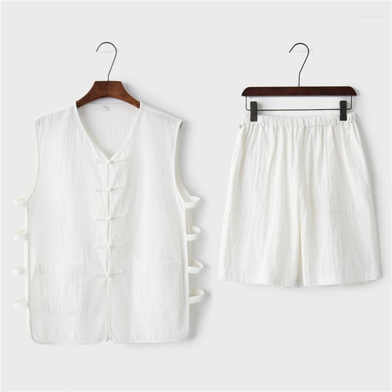 

Ethnic Clothing Men's Cotton Linen Suit Male Sleeveless Wagoner Undershirt Pants Sets Traditional Chinese Tang Tai Chi Uniform