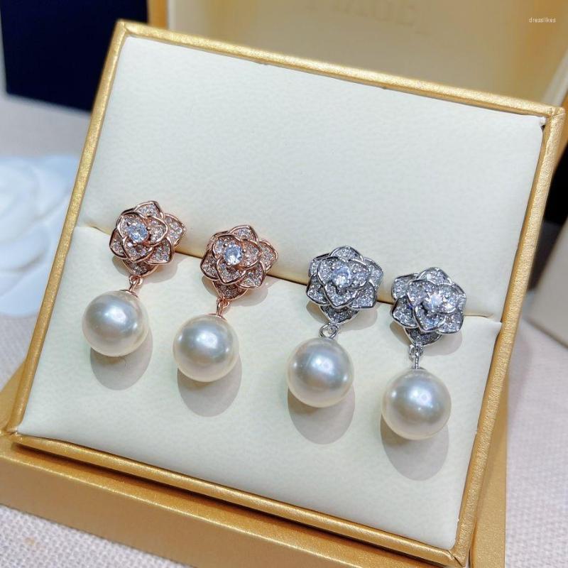 

Stud Earrings Rose Flower Original Design Pearl Drop High Quality Famous End 925 Sterling Silver Dangler