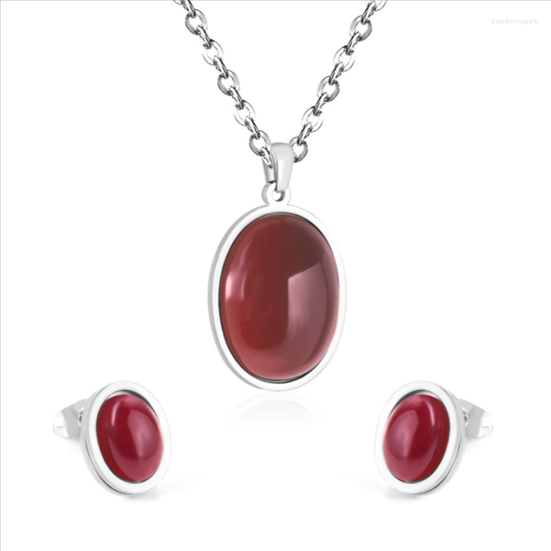 

Necklace Earrings Set Stainless Steel Oval Shape Pendant Red Agates Stud For Women Geometric, Picture shown