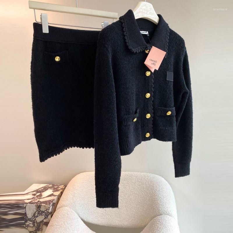 

Work Dresses Runway Black 2piece Sets Fashion Singel Breasted Long Sleeve Polo Shirt Sexy Chic High Waist Bag Hip Skirt Vintage Women, Black set