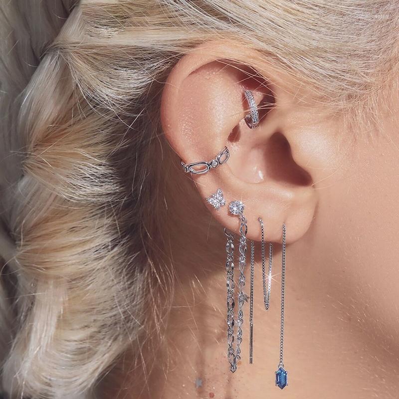 

Backs Earrings Butterfly Stud Set Blue Rhinestone Tassels Piercing Ear Clips Women Fashion Punk Jewelry For Girl Gift