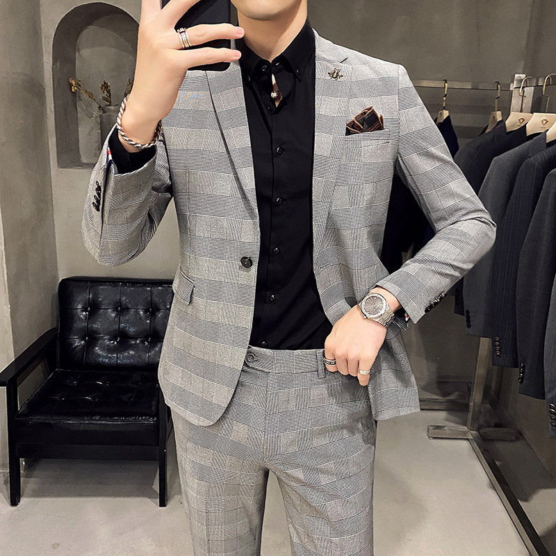 

Men's Suits Blazers 2 Pcs Set Jacket Pants Fashion Casual Boutique Business Slim Formal Banquet Plaid Suit Coat Trousers 221201, Dark gray