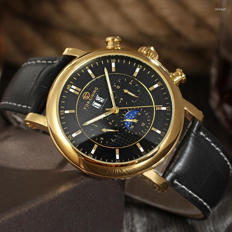 

Wristwatches FORSINING Golden Tourbillon Moonphase Mechanical Watches Automatic Male Business Gear Self Wind Leather Strap Clock, Rose white
