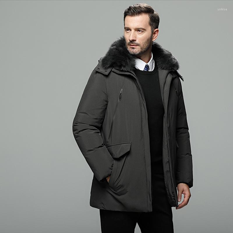

Men's Down Brand Formal Jacket Male Thick Long Dad Grandpa Coat For The Work Real Fur Big Collar Hooded Warm Business Man, Black