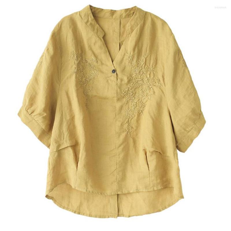 

Women's Blouses 2022 Vintage Elegant V Neck Office Work Shirts Tops Summer Solid Half Sleeve For Women Casual Cotton Linen, Loose blouse