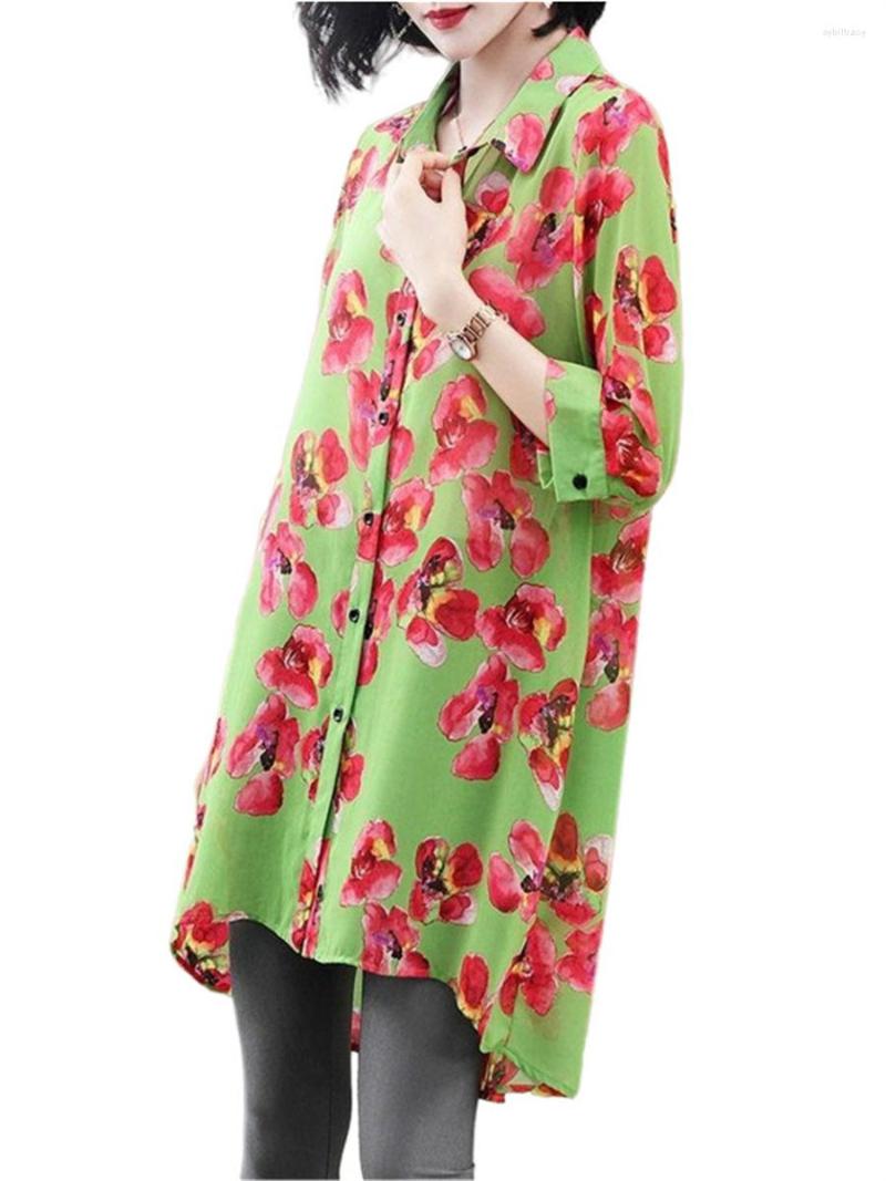 

Women's Blouses 4XL Women Summer Spring Shirts Lady Fashion Casual Half Sleeve Turn-down Collar Green Flower Printing Blusas Tops G2424